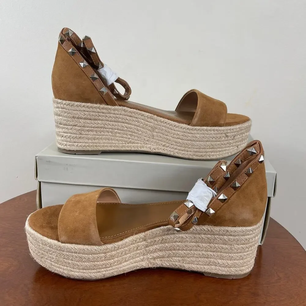 Marc Fisher Jazlyn Studded Espadrille Wedge Sandal Brown Suede Women's Size 8.5